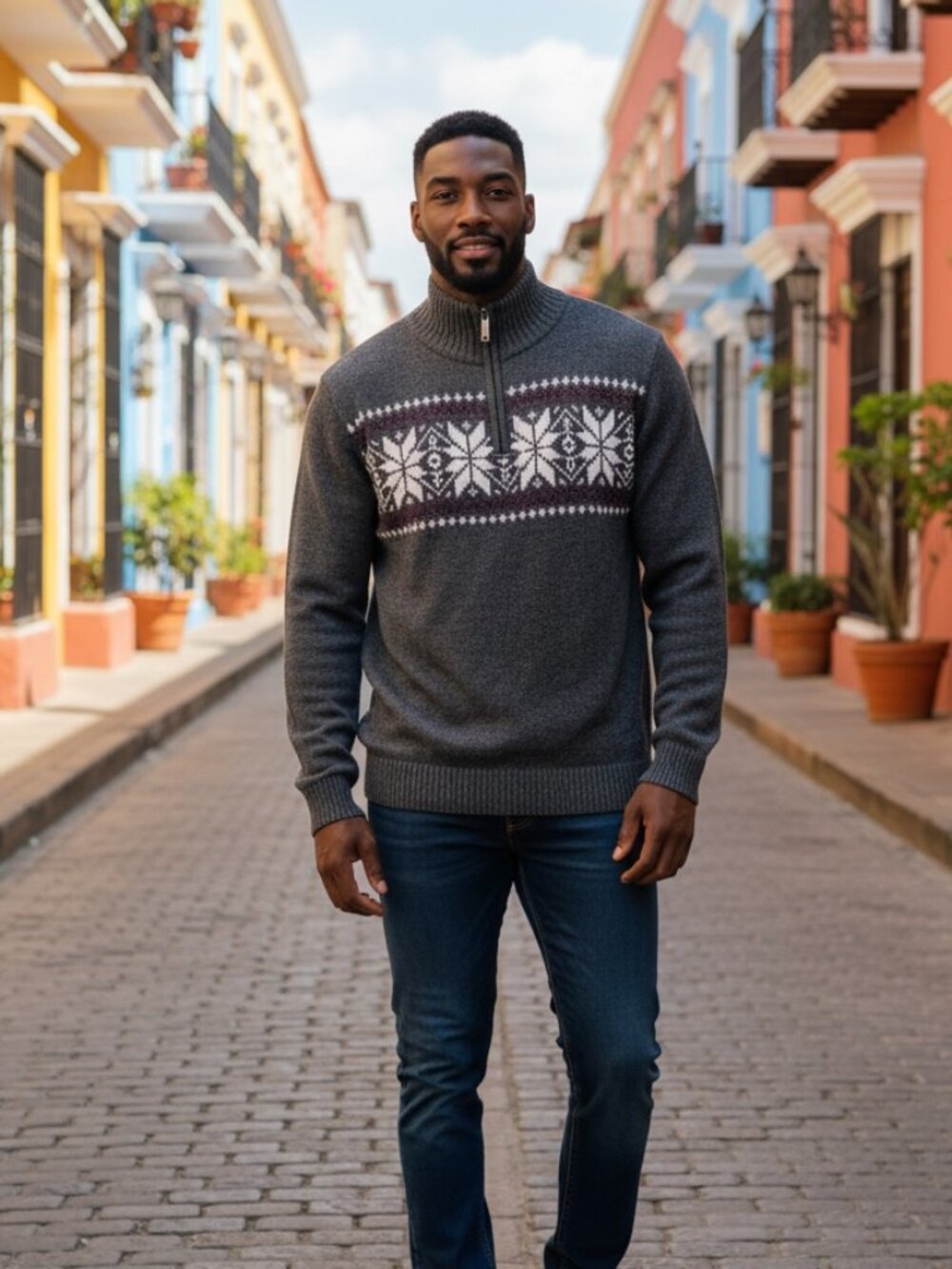 Haggar Men's Gray Fair Isle Quarter-zip Snowflakes Sweater, Size L